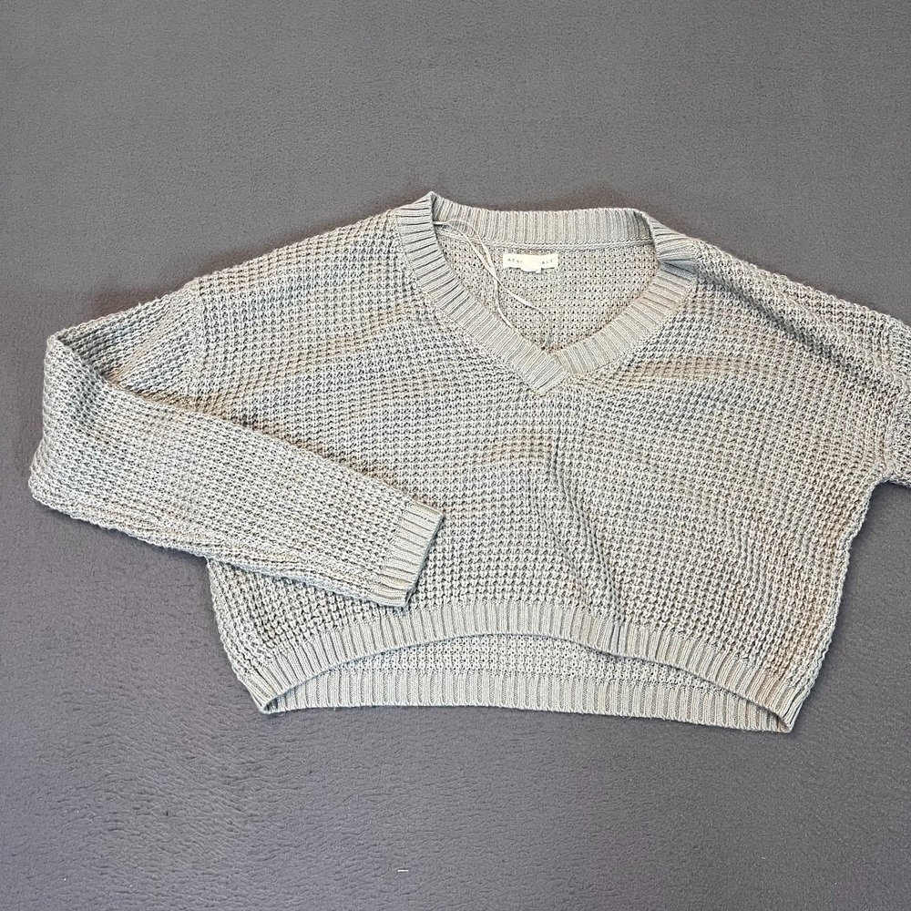 Aeropostale Sweater Womens Med Blue Gray V Neck Textured Knit Pullover Crop Rib